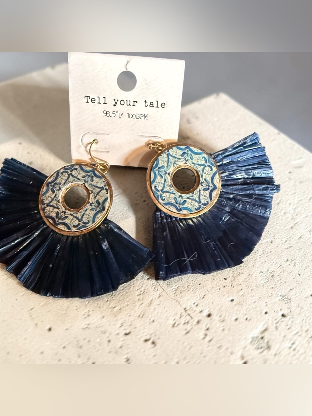Tell Your Tale Navy Fan Tassel Drop Earrings